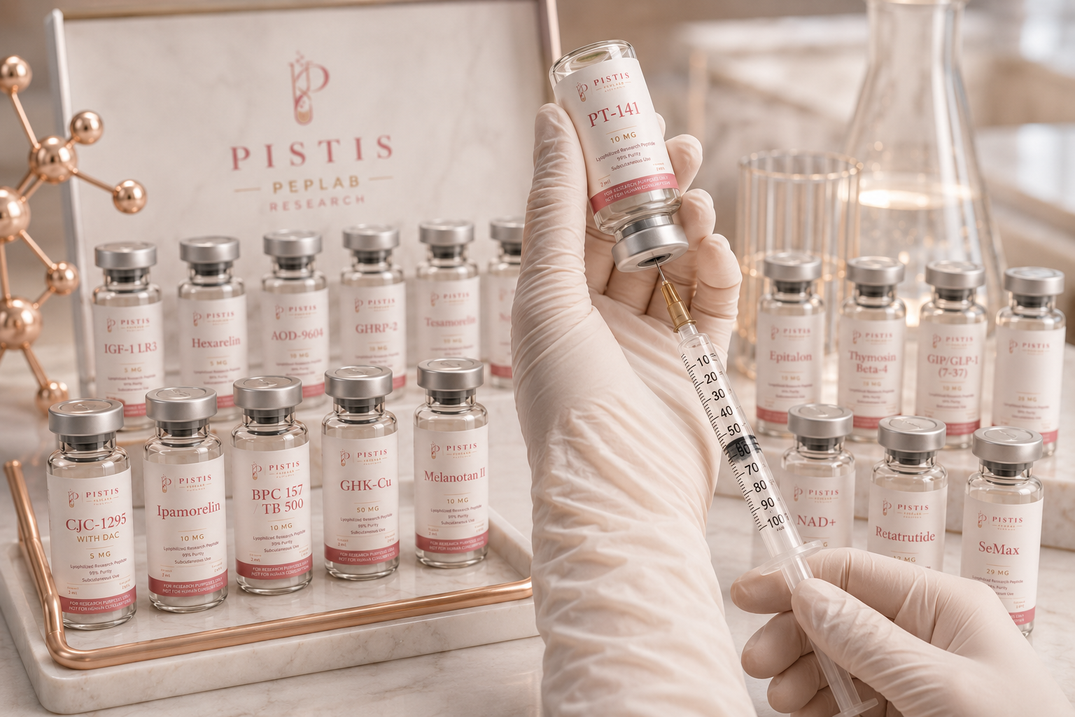 PISTIS PepLab Research peptide vials with syringe